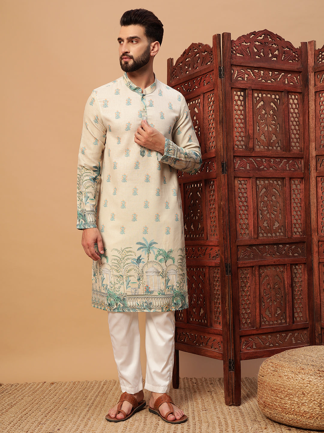 Cream Digital Print Linen Kurta Set