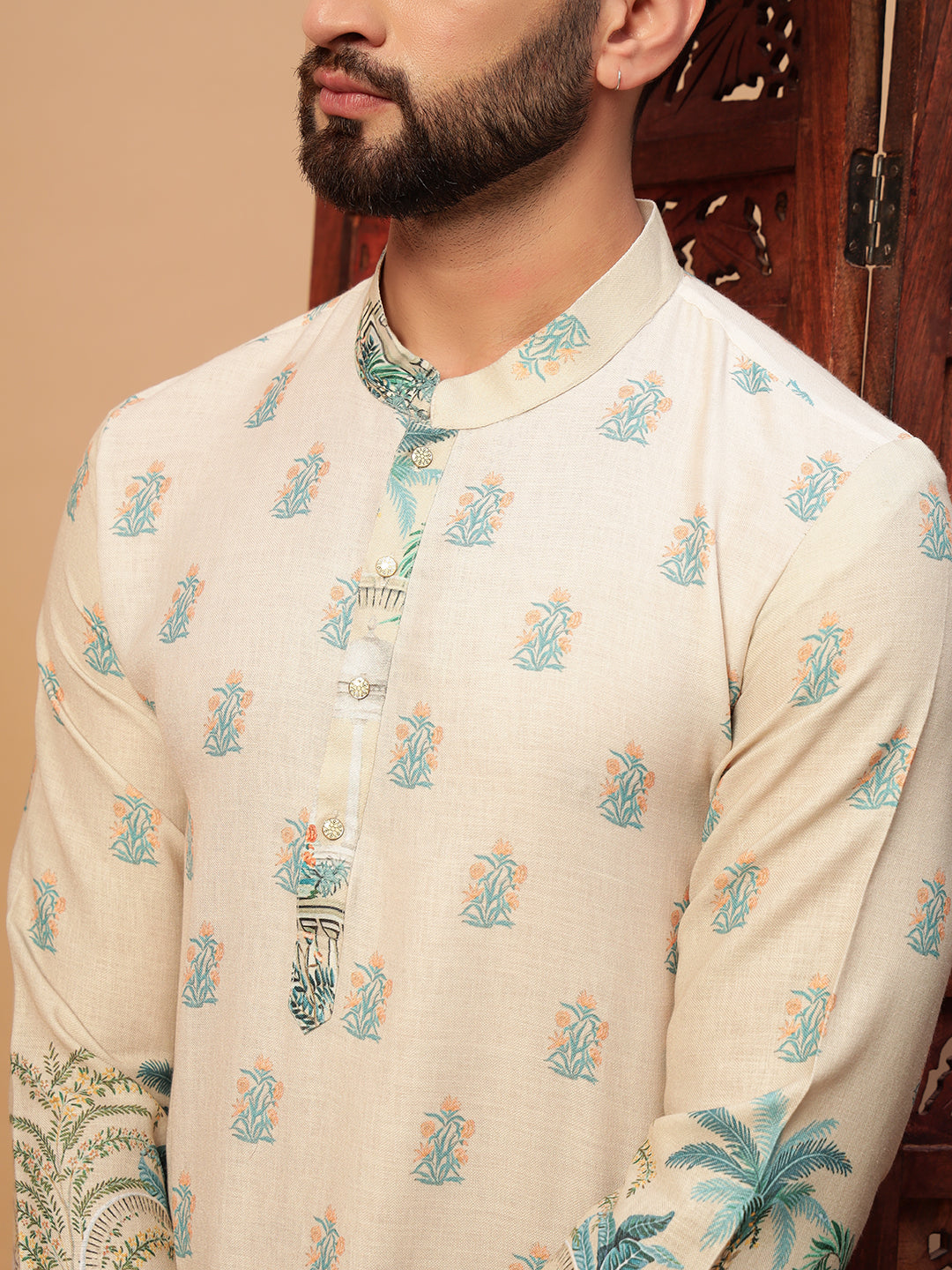 Cream Digital Print Linen Kurta Set