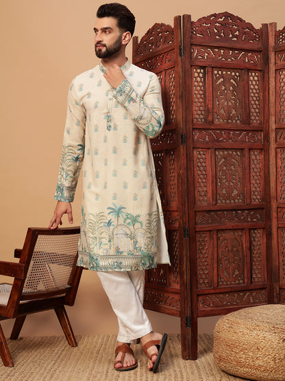 Cream Digital Print Linen Kurta Set