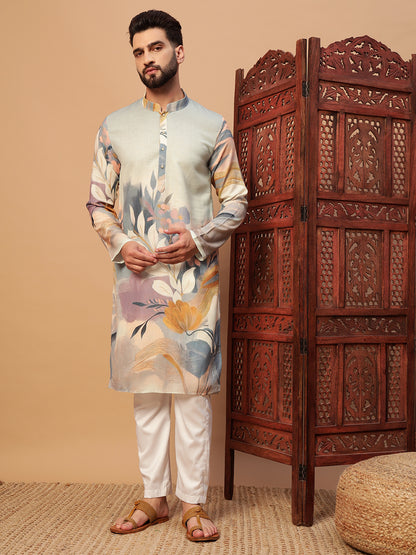 Light Grey Floral Print  Linen Kurta Set