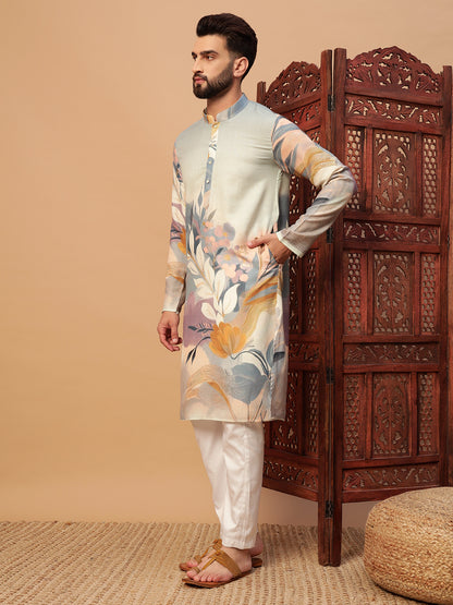 Light Grey Floral Print  Linen Kurta Set