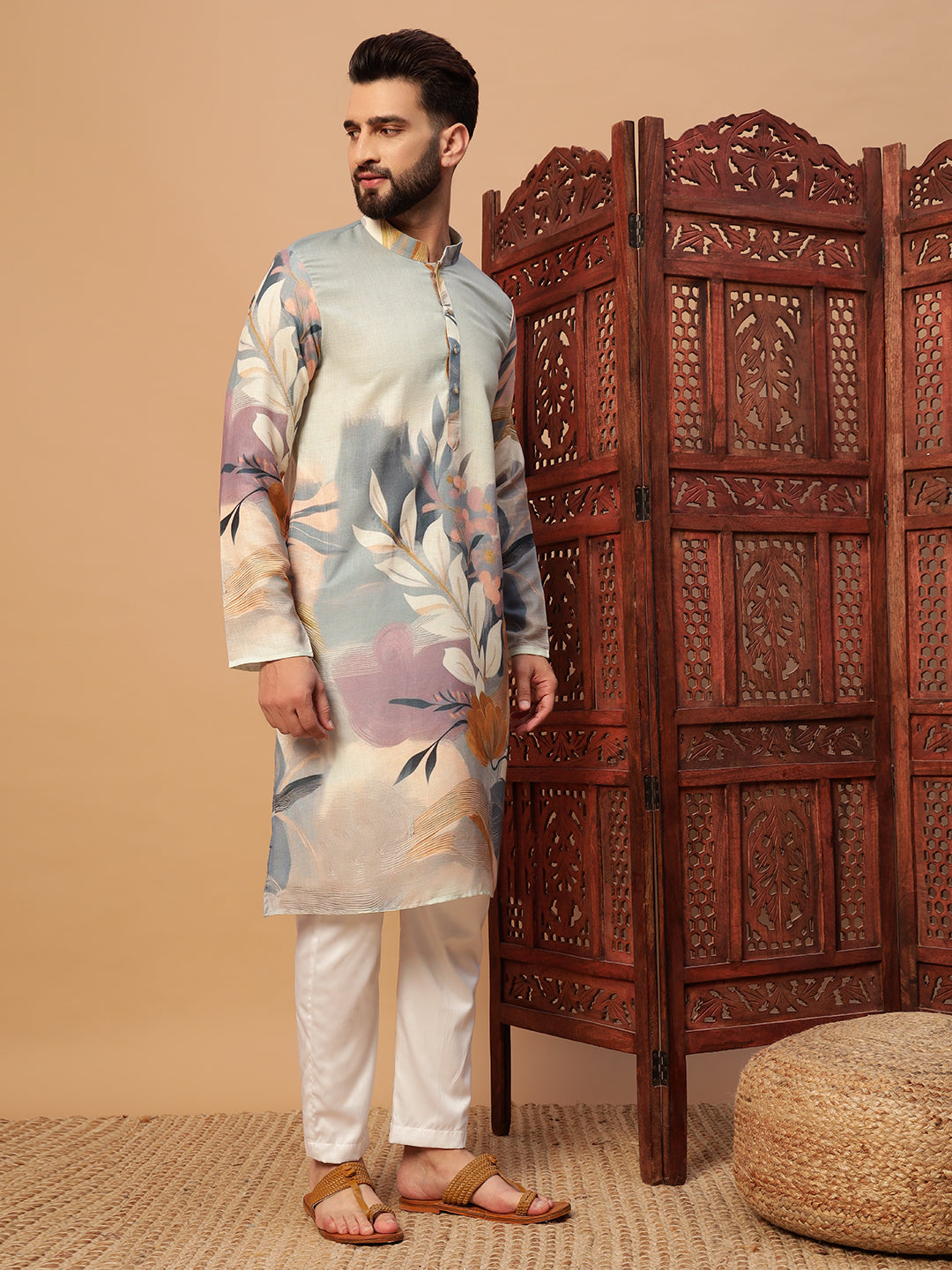 Light Grey Floral Print  Linen Kurta Set