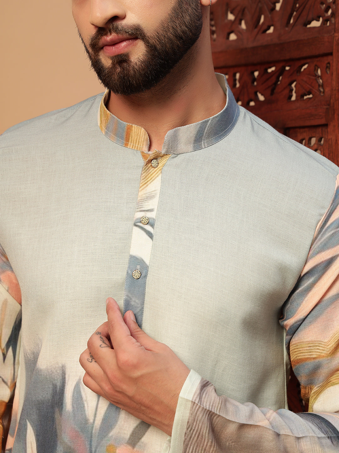 Light Grey Floral Print  Linen Kurta Set