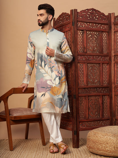 Light Grey Floral Print  Linen Kurta Set