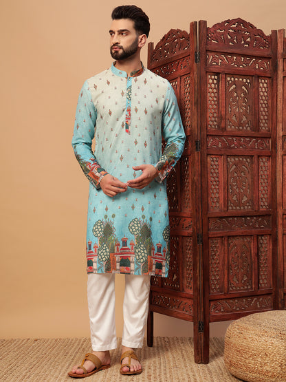 Blue Digital Print linen Kurta set