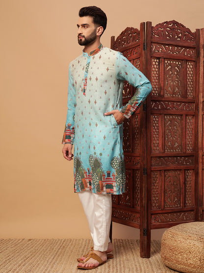 Blue Digital Print linen Kurta set