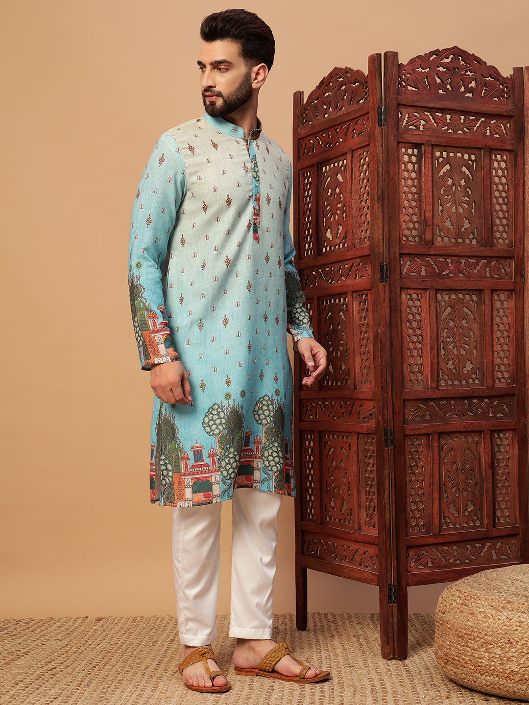 Blue Digital Print linen Kurta set