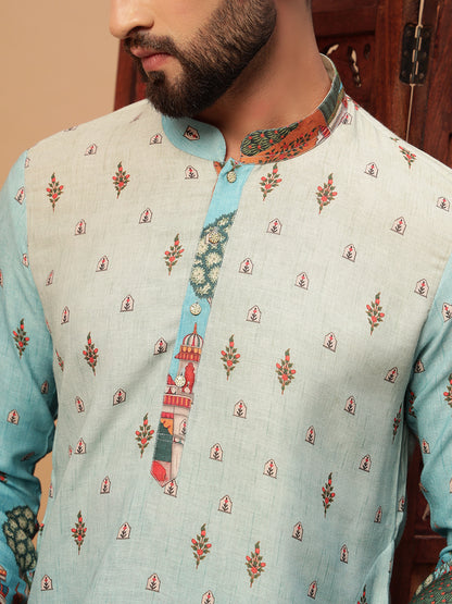 Blue Digital Print linen Kurta set