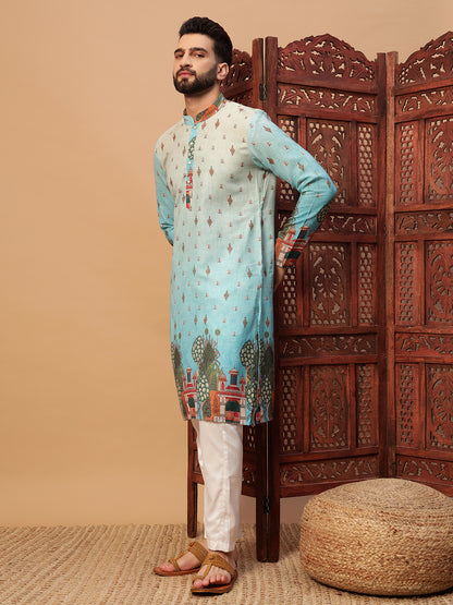 Blue Digital Print linen Kurta set