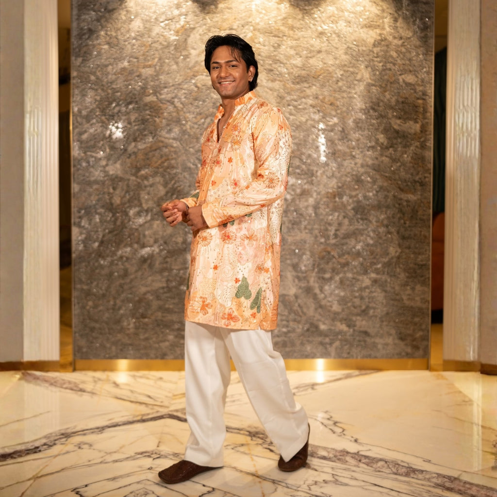 The Vedant Embroidered Kurta Set (Sunlit Peach &Sage)