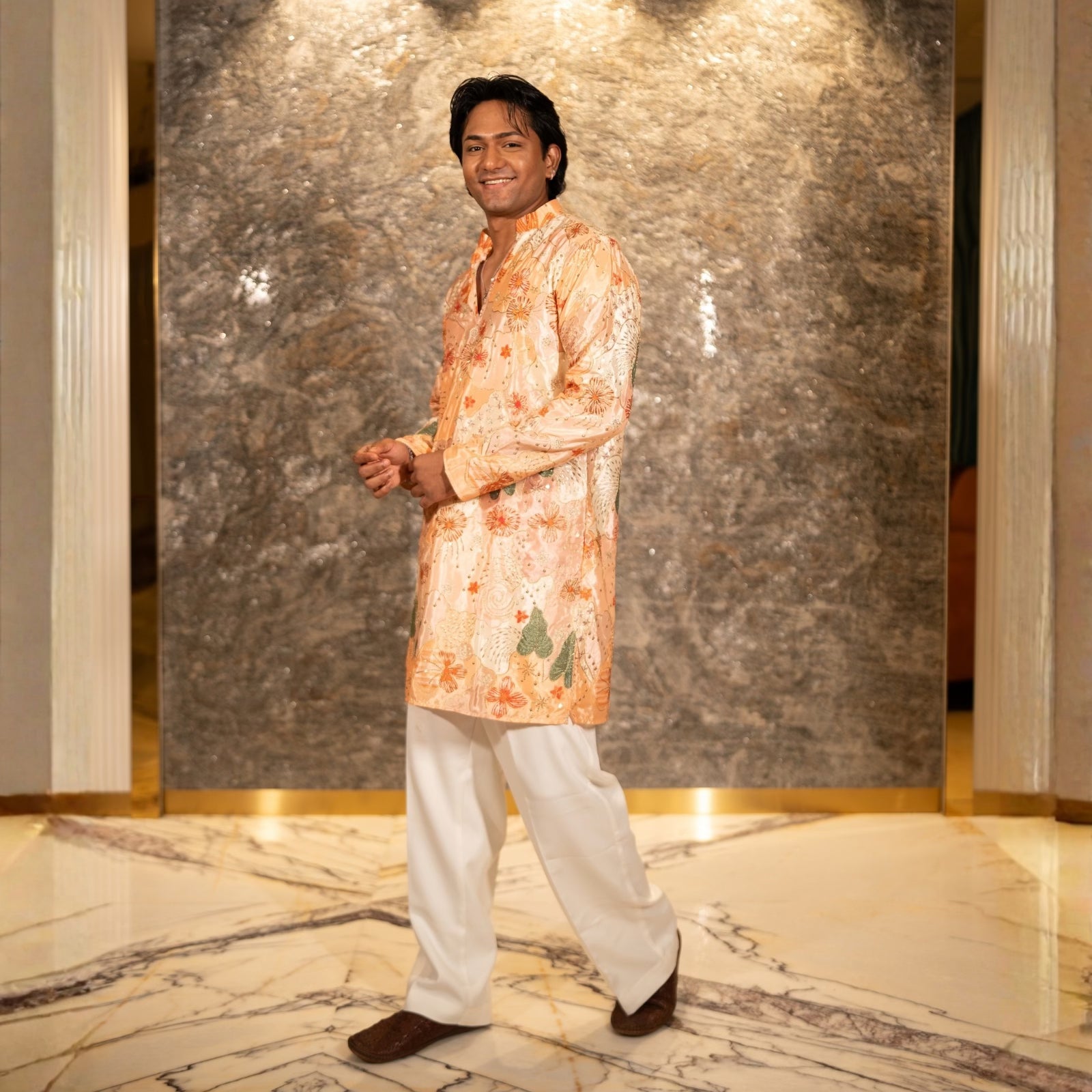 The Vedant Embroidered Kurta Set (Sunlit Peach &Sage)