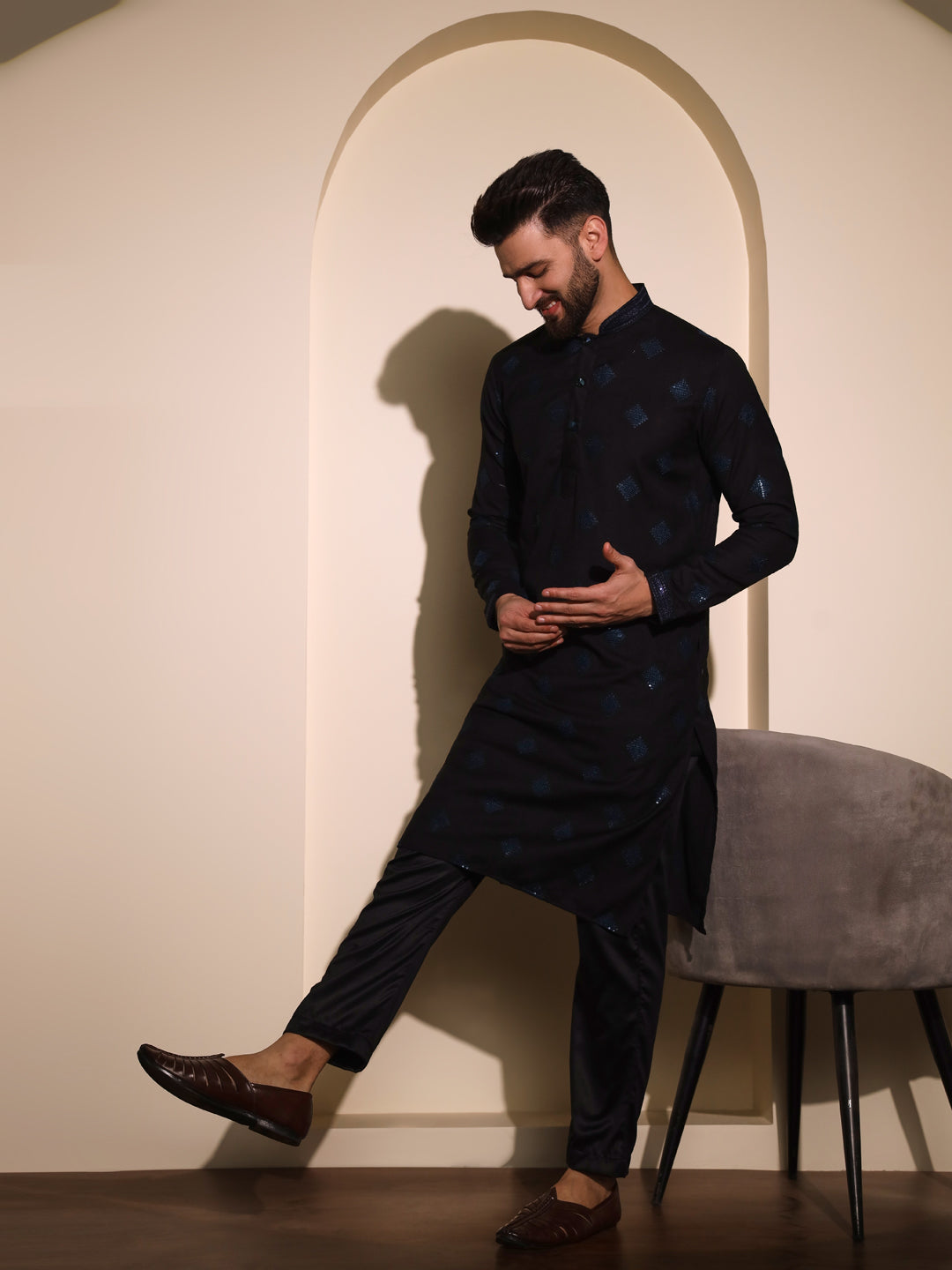 Rama blue butta work pure linen kurta