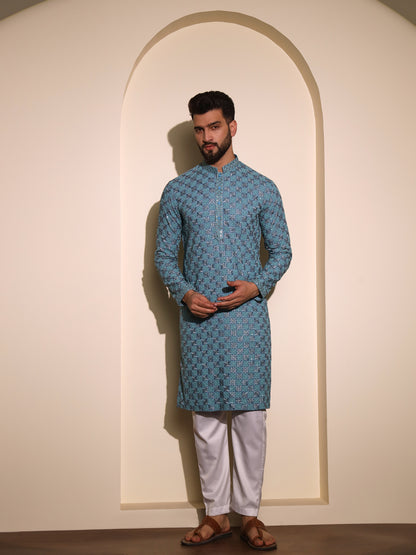 Teal blue chikankari kurta