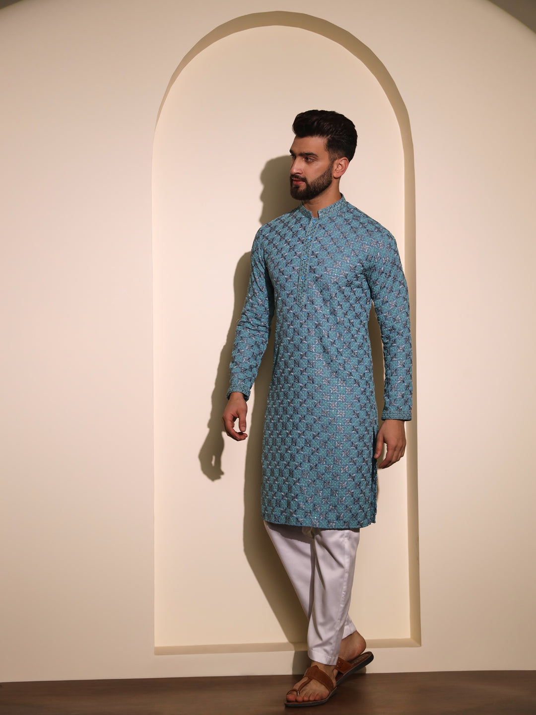 Teal blue chikankari kurta