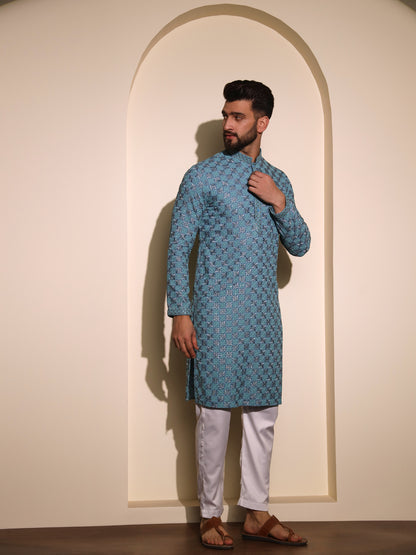 Teal blue chikankari kurta