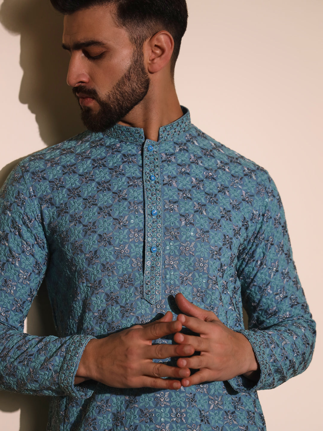 Teal blue chikankari kurta