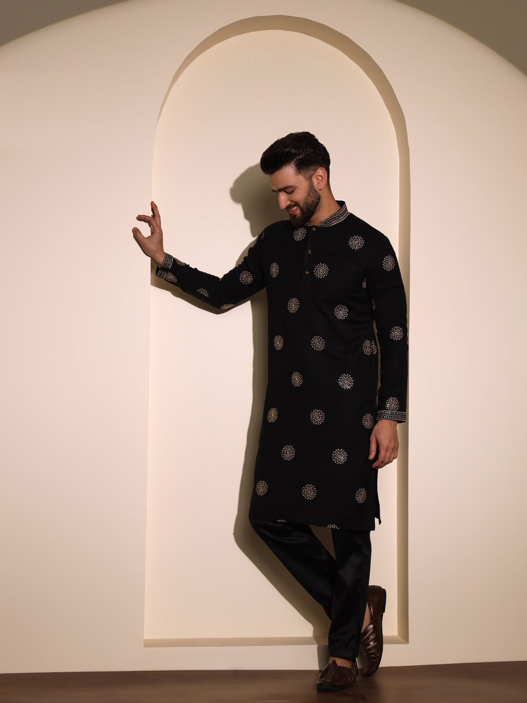 Golden Butta Embroidered Black Linen Kurta Set