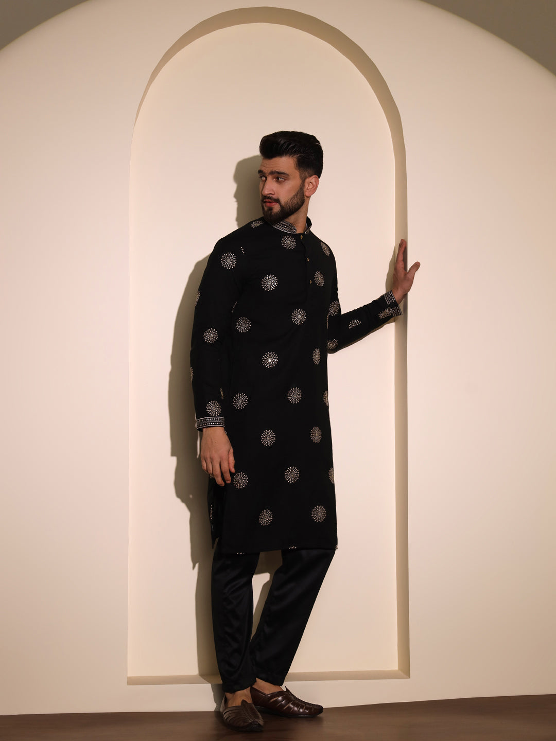 Golden Butta Embroidered Black Linen Kurta Set