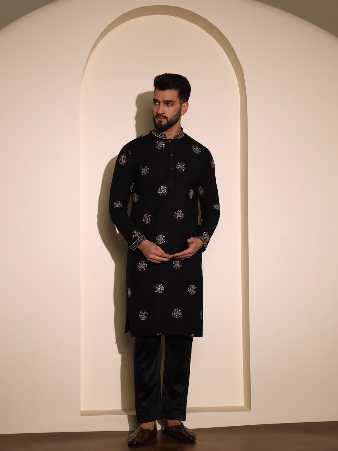 Golden Butta Embroidered Black Linen Kurta Set