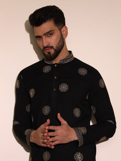 Golden Butta Embroidered Black Linen Kurta Set