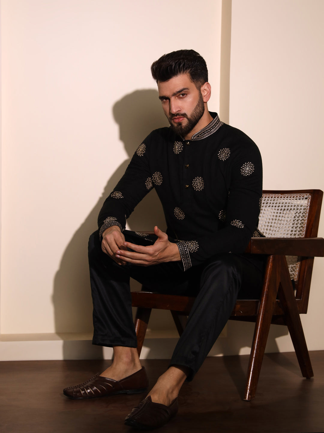 Golden Butta Embroidered Black Linen Kurta Set