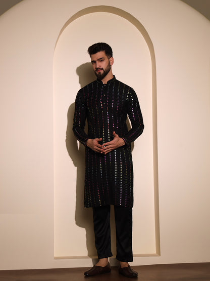 Multicolored vertical stripped embroidery pure linen kurta