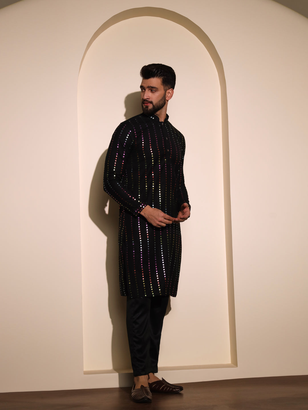 Multicolored vertical stripped embroidery pure linen kurta