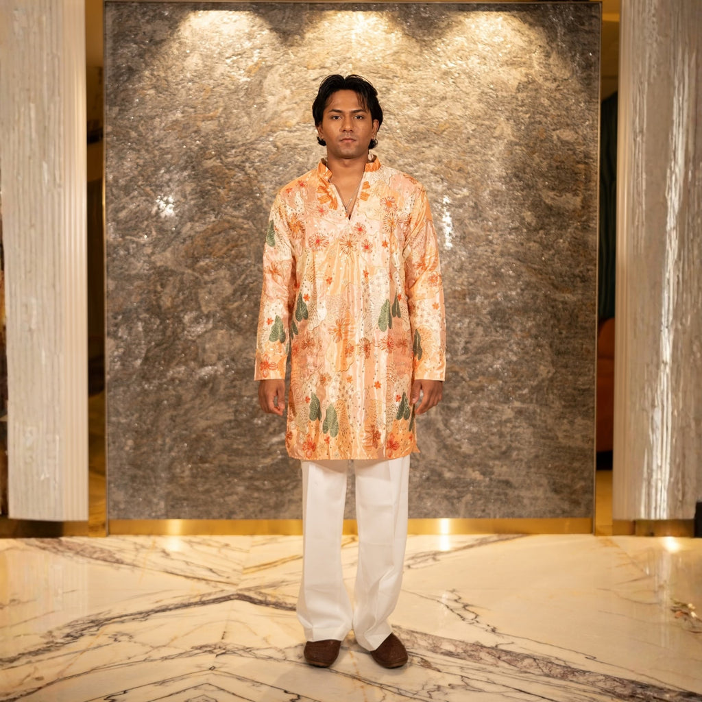 The Vedant Embroidered Kurta Set (Sunlit Peach &Sage)