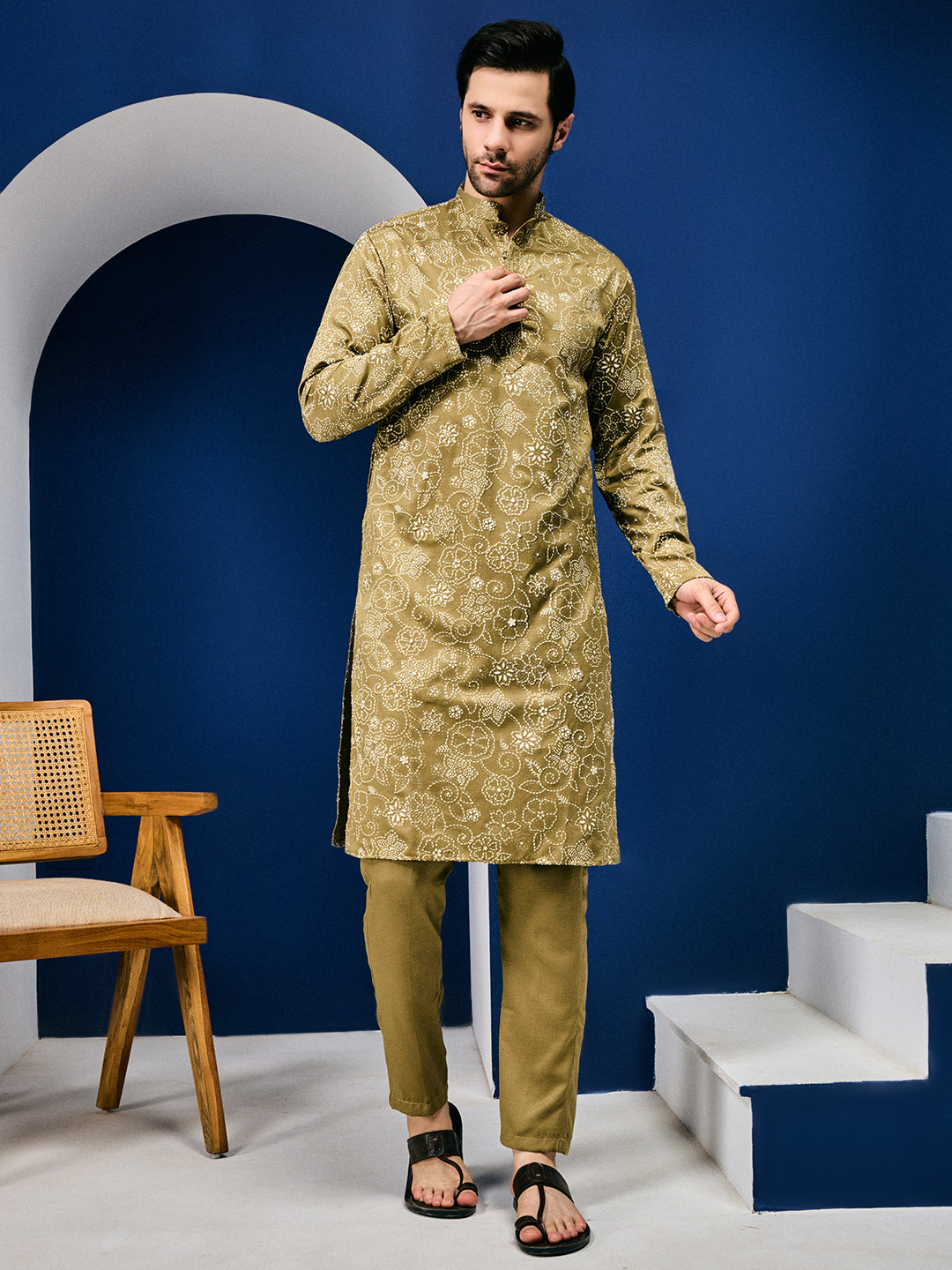 Roohani Olive Mehendi Floral Printed Kurta With Pant Set