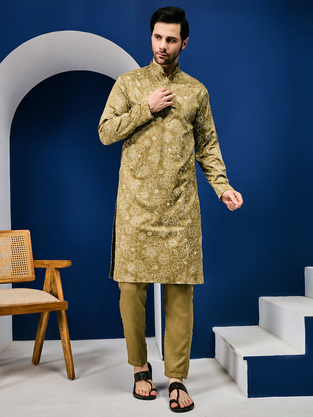 Roohani Olive Mehendi Floral Printed Kurta With Pant Set