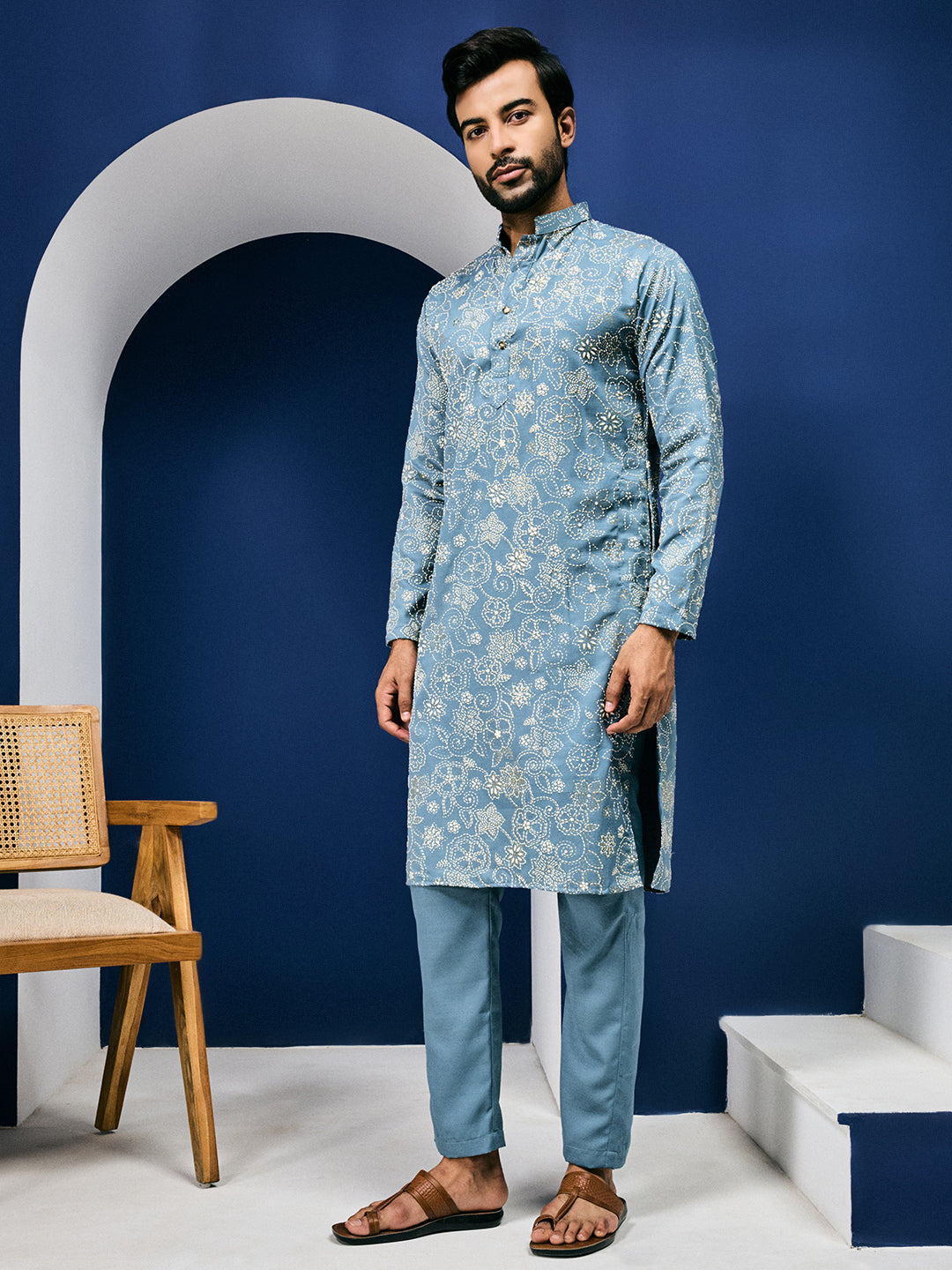 Roohani Teal Blue Floral Printed Kurta With Pant Set