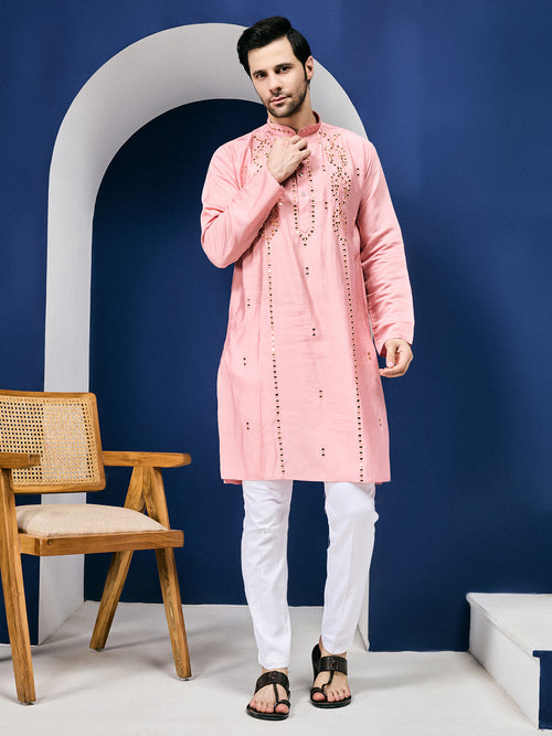 Sparkle Symphony Pastel Pink Real Mirror Embroided Designer Kurta