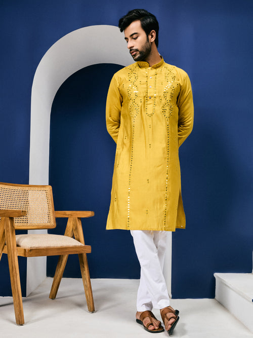 Sparkle Symphony Mustard Yellow Real Mirror Embroided Designer Kurta
