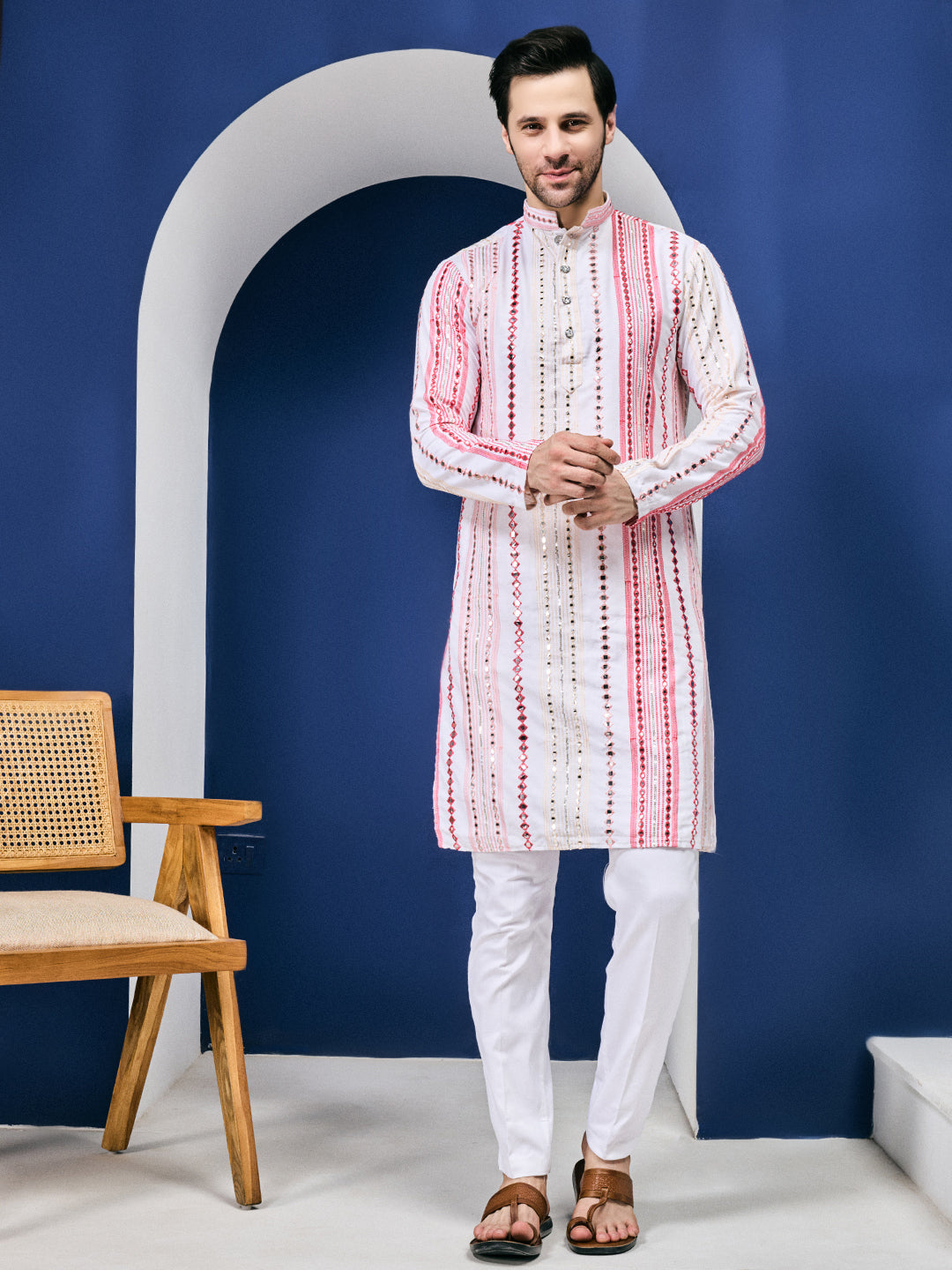 Rang Leheriya Floral Pink Foiled Mirror Striped Work Kurta Set