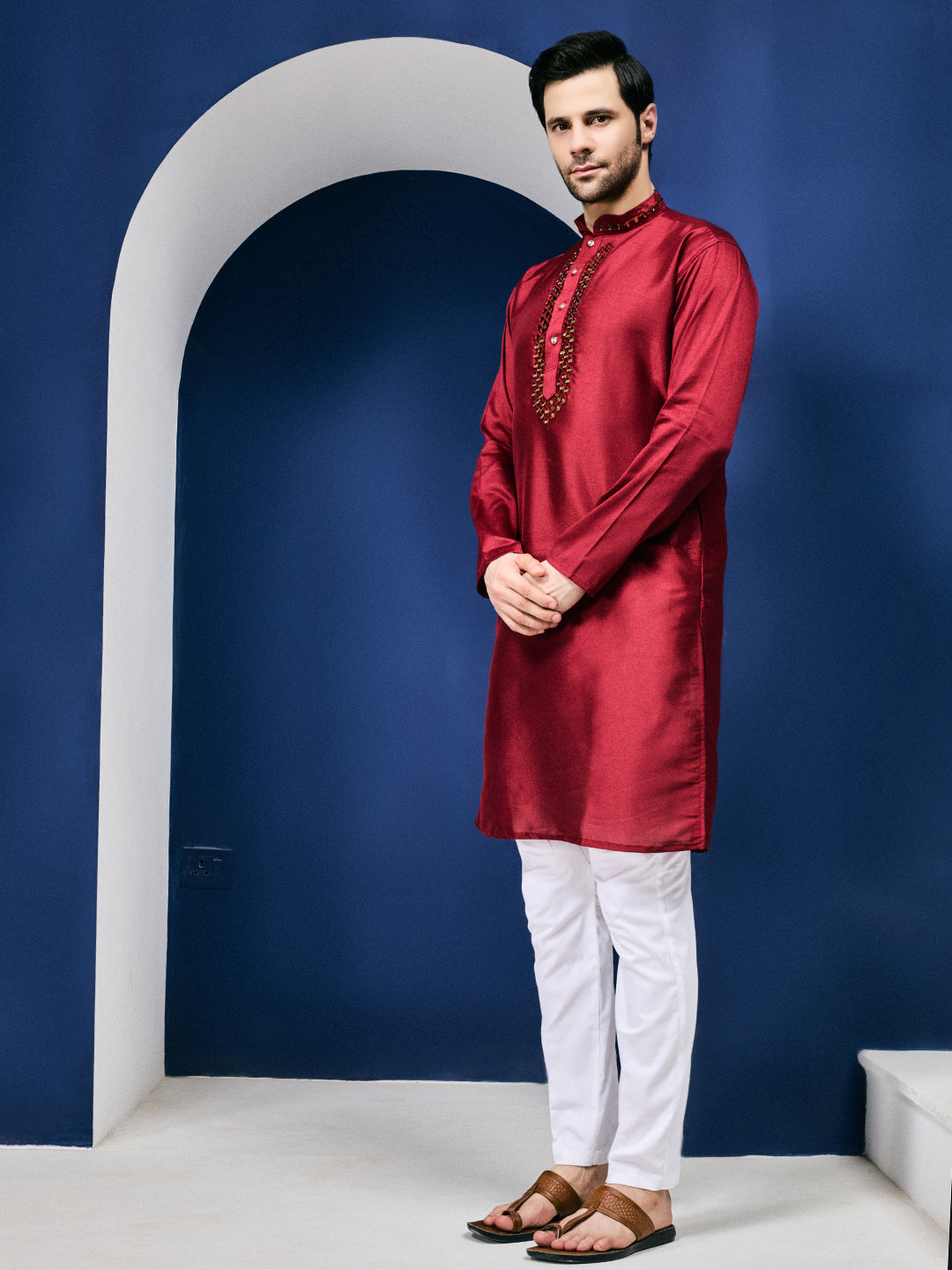 Sparkle Symphony Rustic Red Real Mirror Neck Embroidered Kurta-pant set.