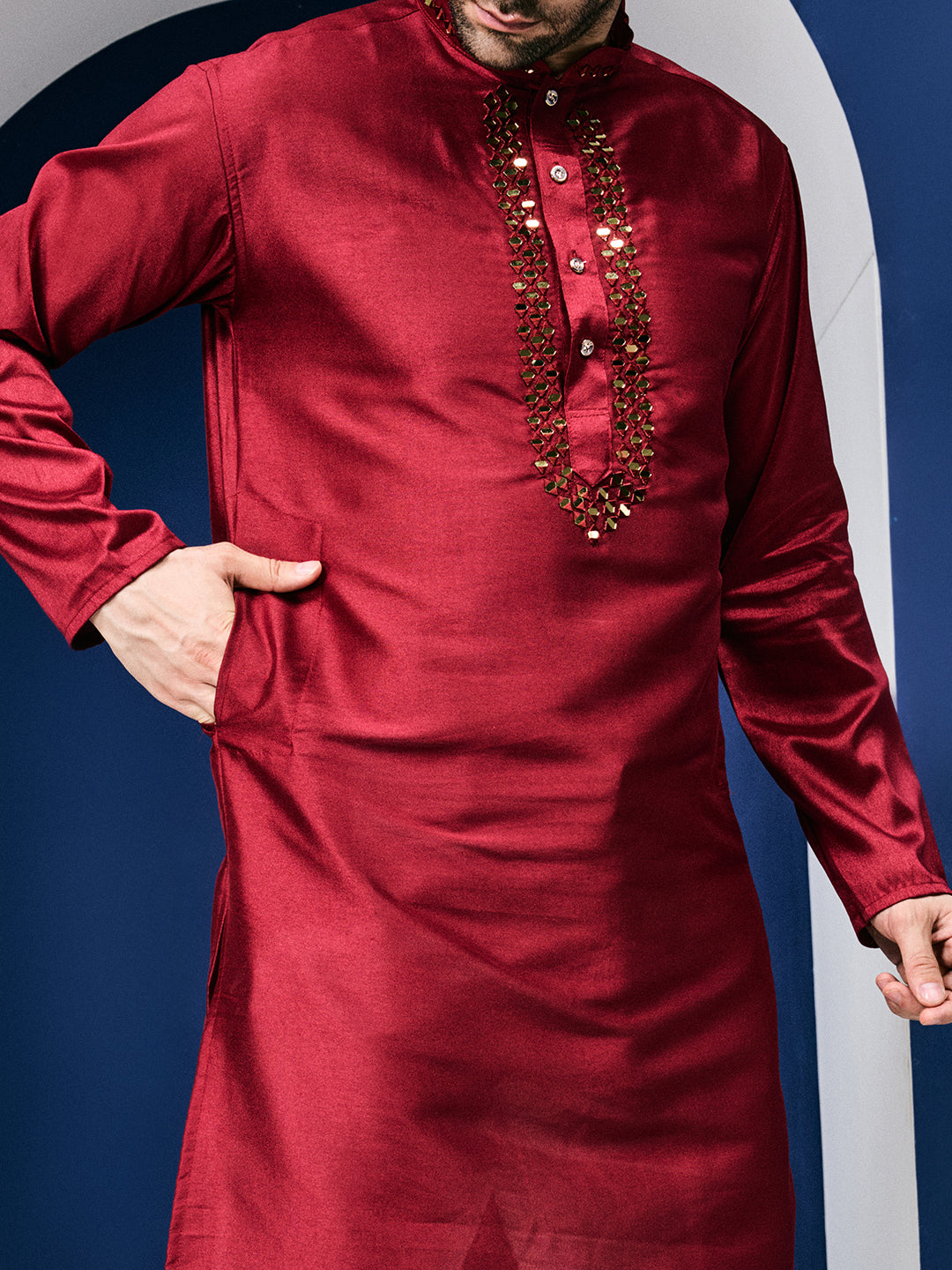 Sparkle Symphony Rustic Red Real Mirror Neck Embroidered Kurta-pant set.