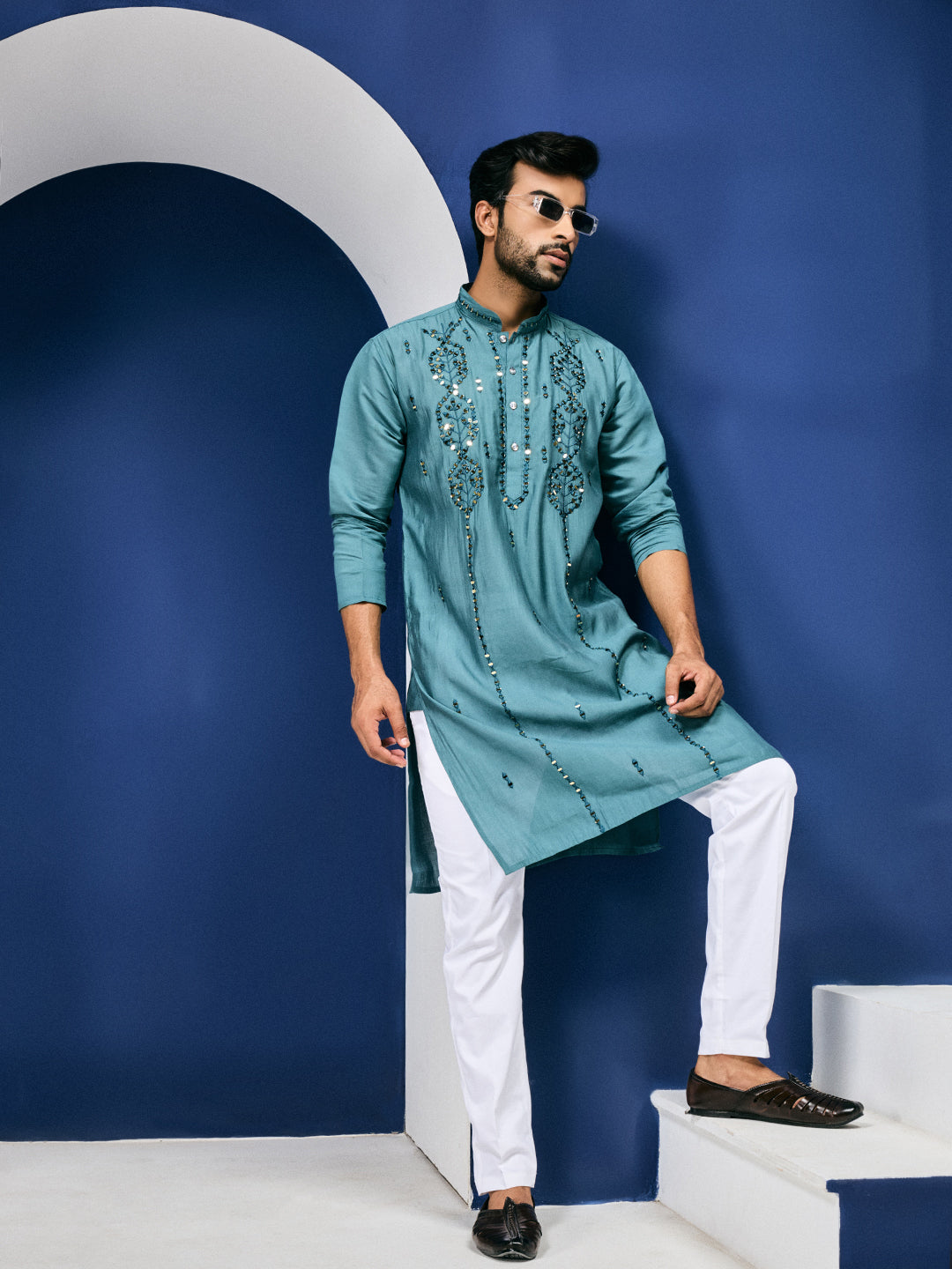 Sparkle Symphony Teal Blue Real Mirror Embroided Designer Kurta-pant Set