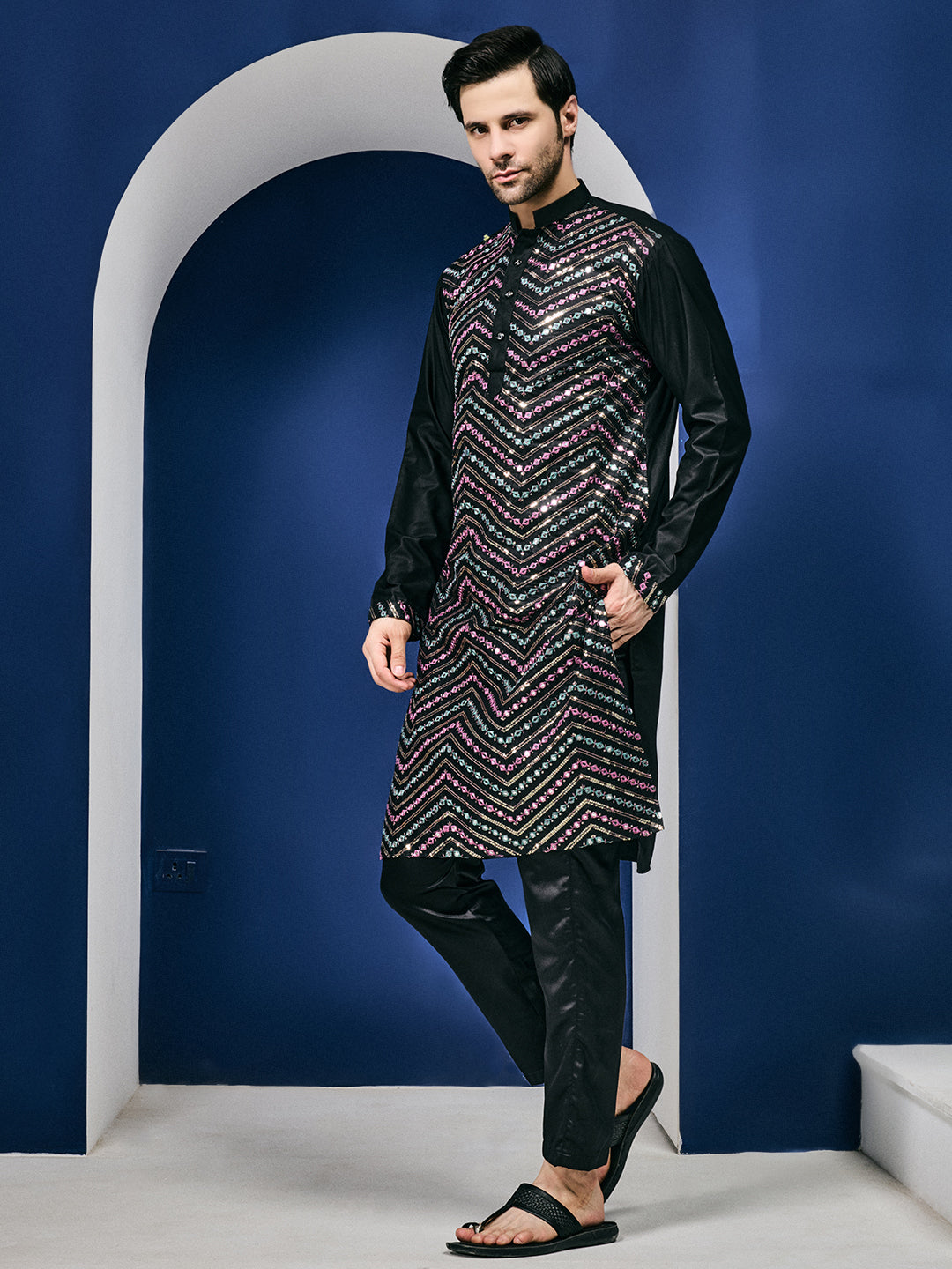 Zig Zag Sparkle Embroided Black Pure Linen Kurta-pant Set