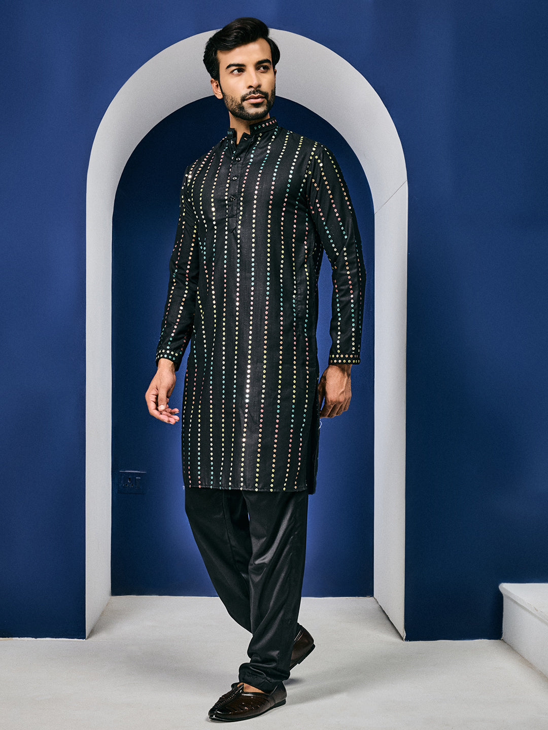 Black Aurora Sequin Stripe Kurta