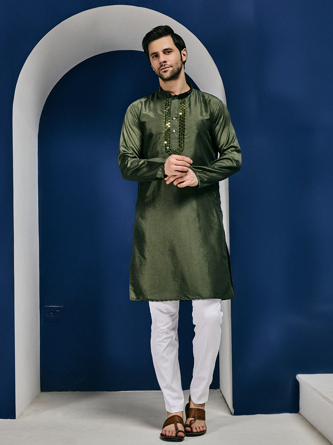Sparkle Symphony Bottle Green Real Mirror Neck Embroidered Kurta-pant set
