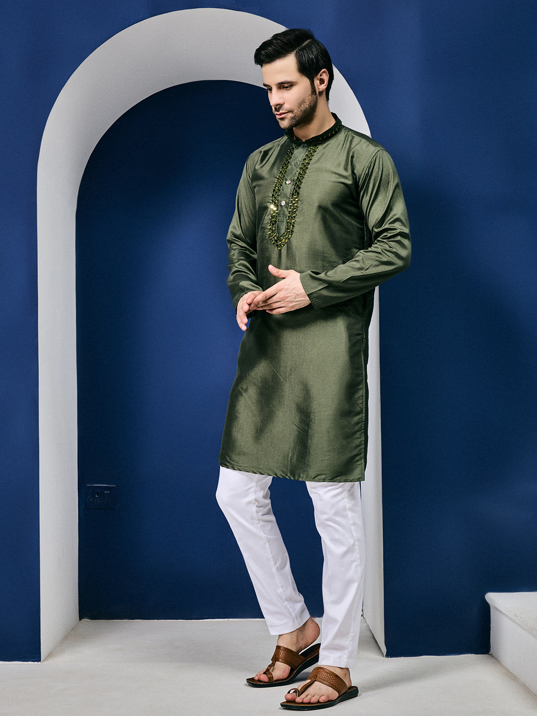 Sparkle Symphony Bottle Green Real Mirror Neck Embroidered Kurta-pant set
