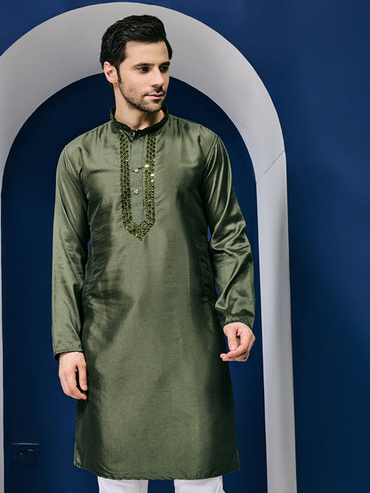 Sparkle Symphony Bottle Green Real Mirror Neck Embroidered Kurta-pant set