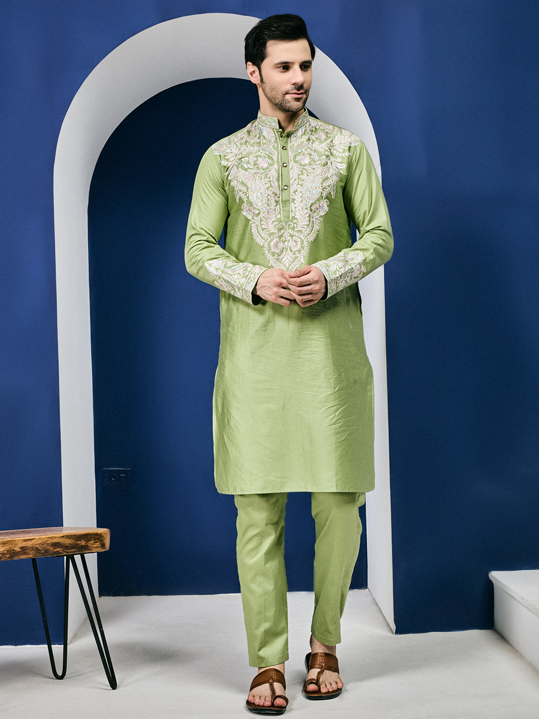 Celestial Pastel Green Neck Embroidered With Matching Sleeves On Pure Cotton Kurta Set