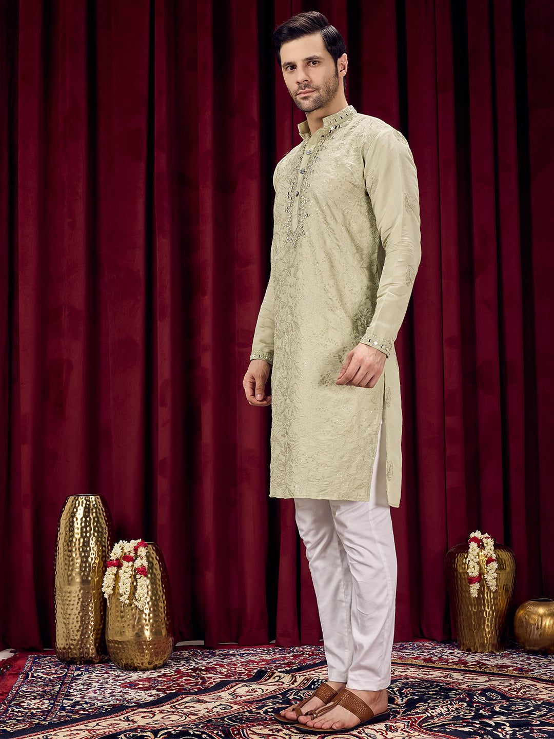 Roshni Olive Real Mirror Neck Kurta With Sequins Embroidery Kurta Set