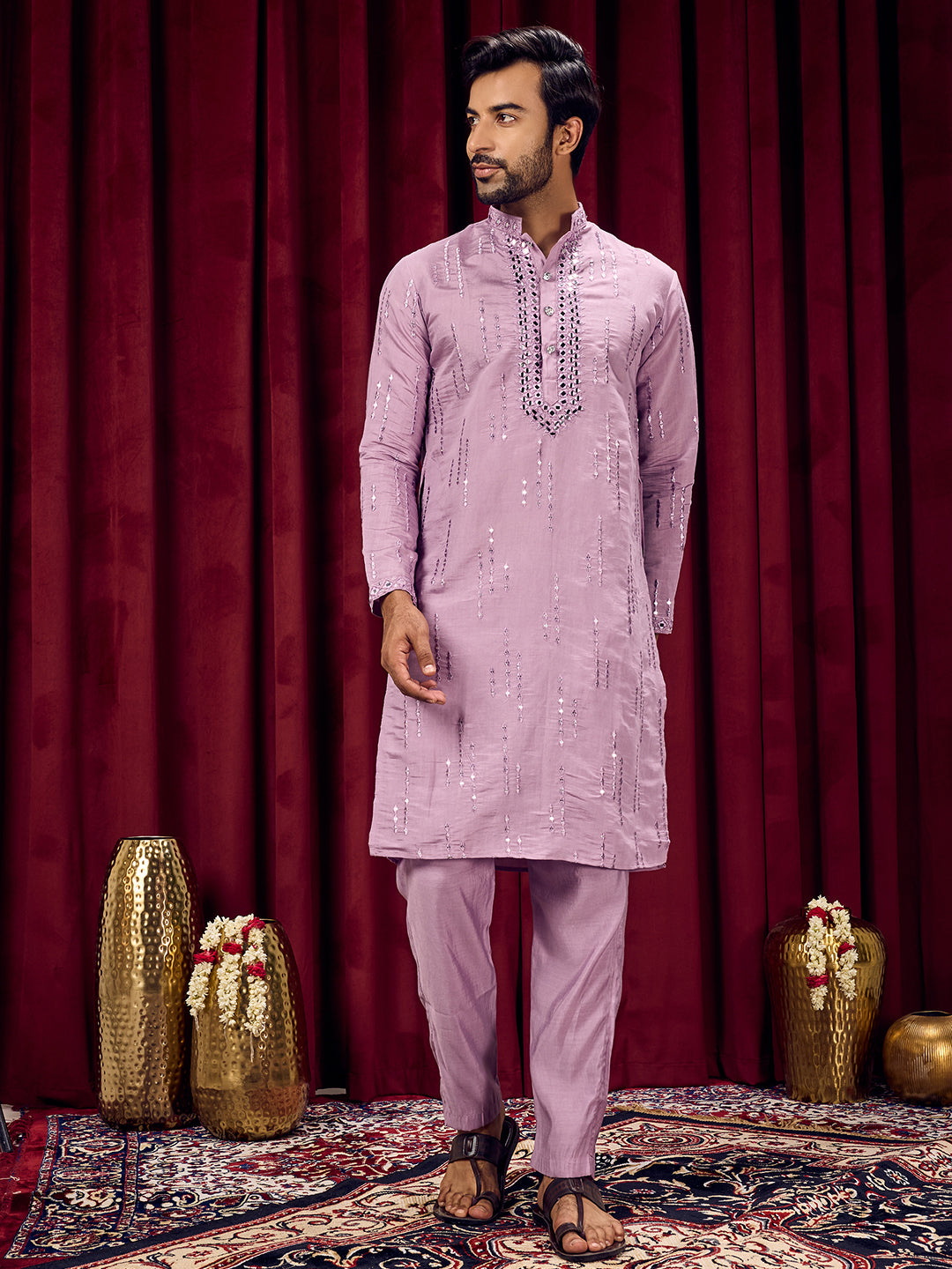 Roshni Lavender Real Mirror Neck Kurta With Sequined Embroidery Kurta Set