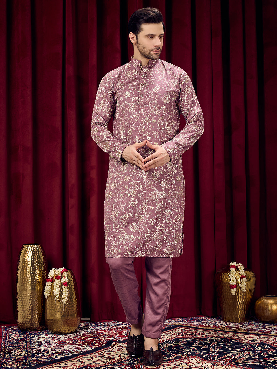 Roohani Lavender Dark Floral Printed Kurta With Pant Set