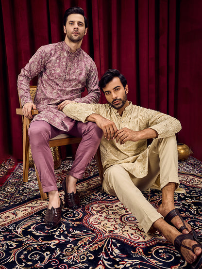 Roohani Lavender Dark Floral Printed Kurta With Pant Set