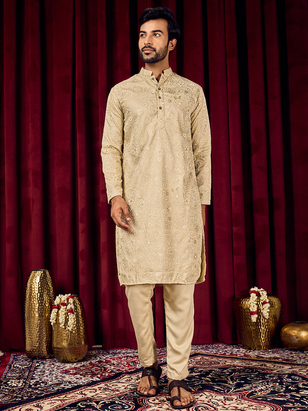 Roohani Beige Floral Printed Kurta With Pant Set