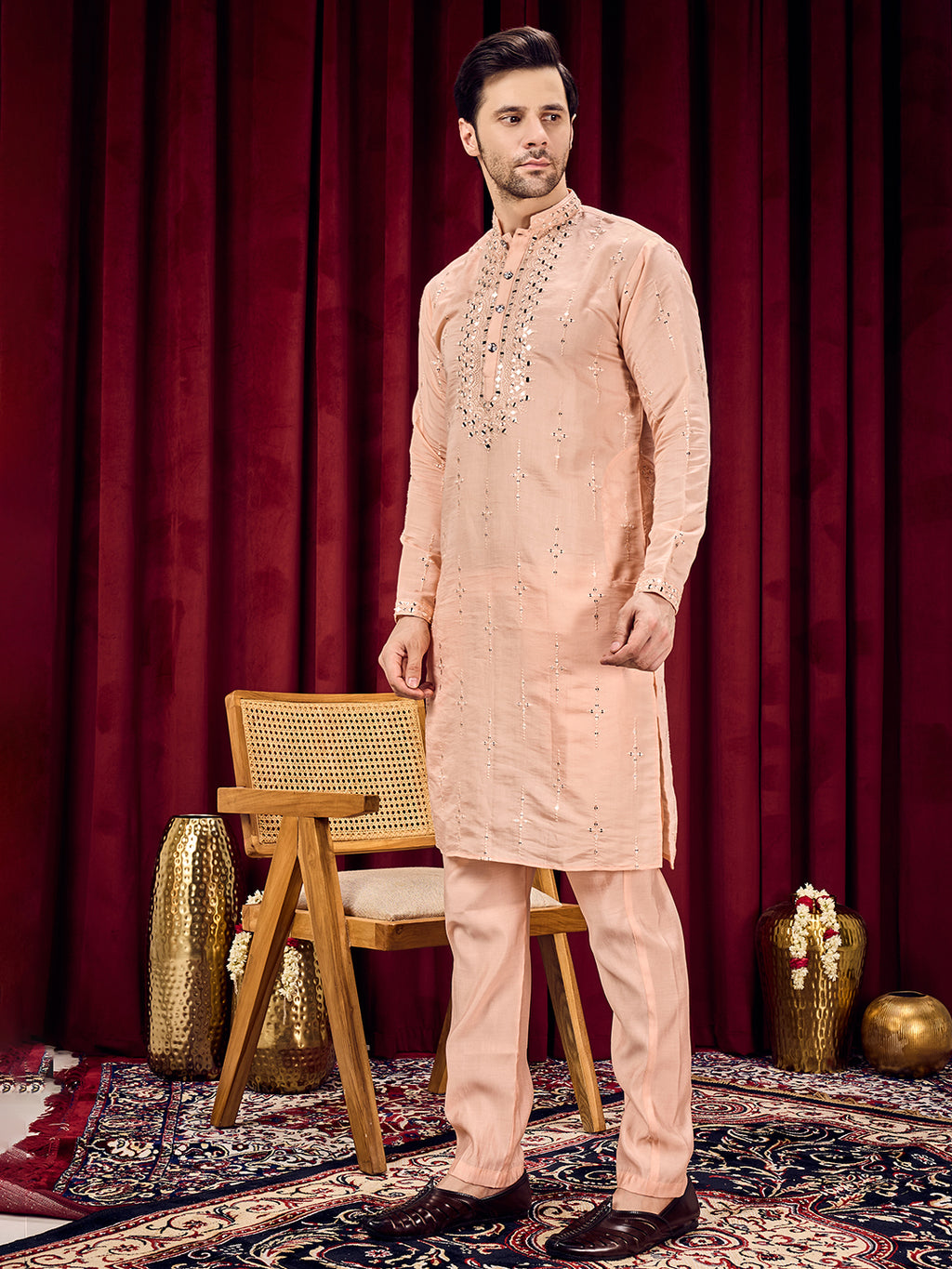 Roshni Peach Real Mirror Neck Kurta With Sequined Embroidery Kurta Set