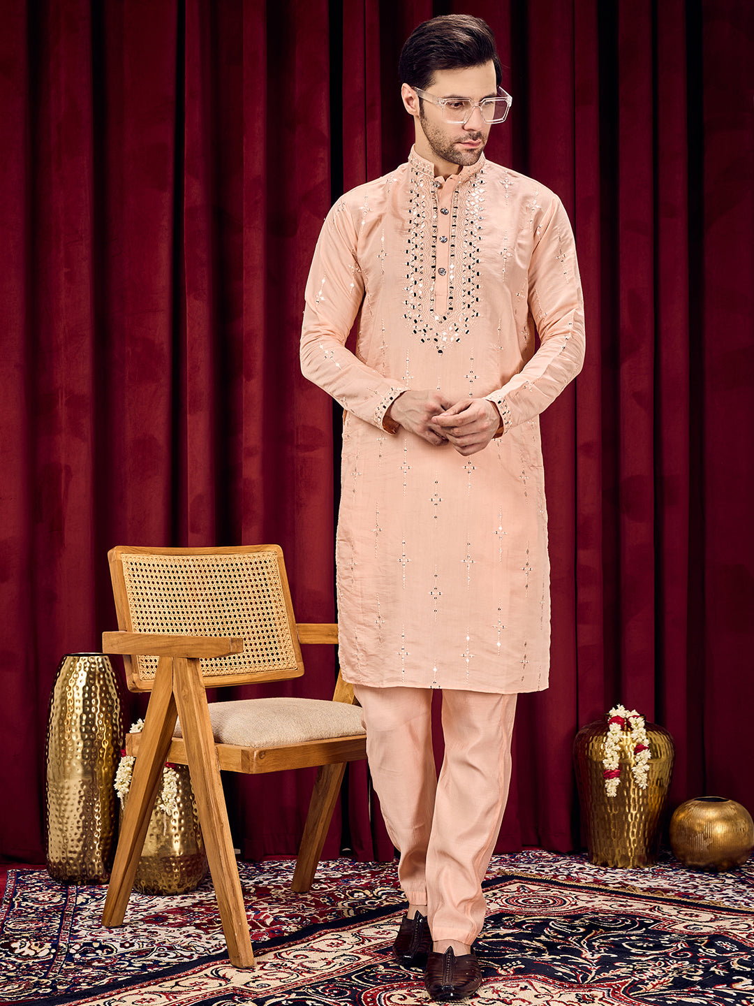 Roshni Peach Real Mirror Neck Kurta With Sequined Embroidery Kurta Set